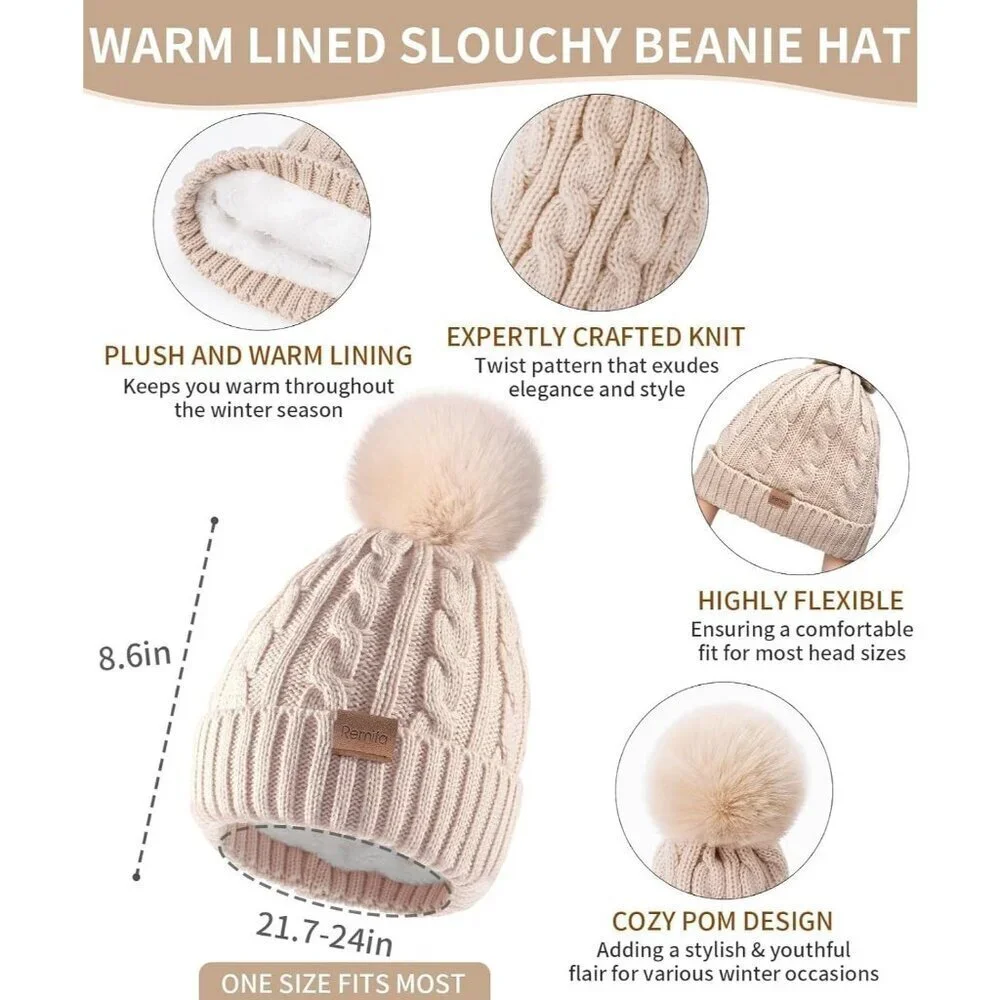 Women's Beige Winter Hat Scarf Gloves Set Long Neck Kint Scarf Valentines